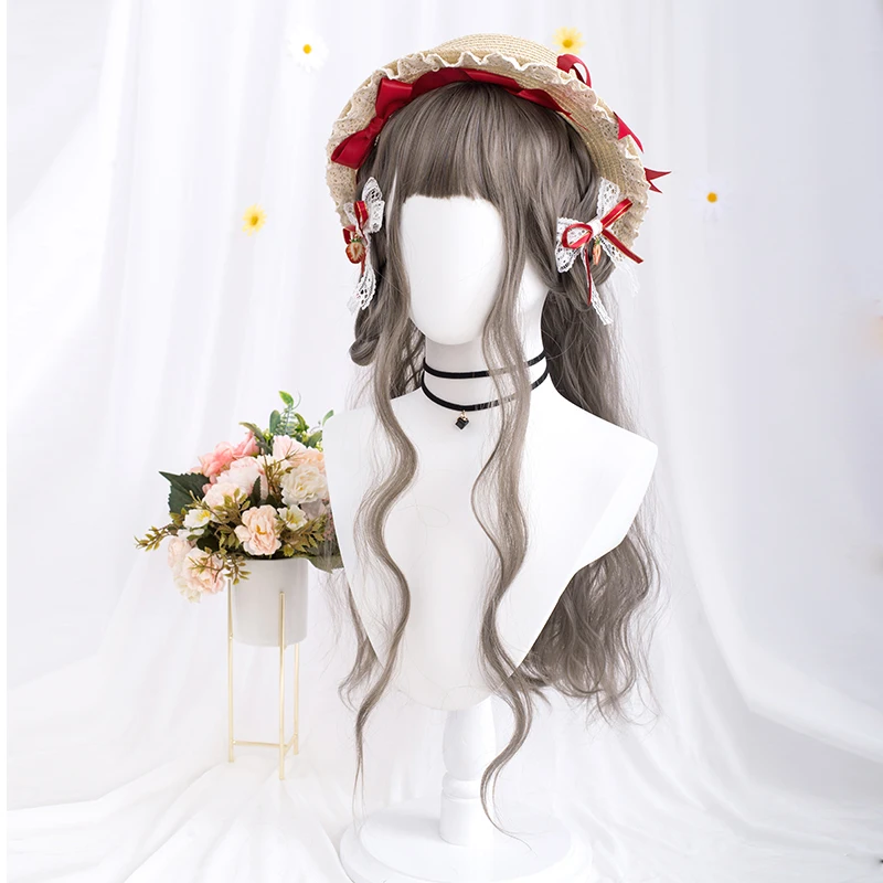 VICWIG Long Curly Synthetic Hair Gray Purple Natural Black Thin Vine Color Cosplay Wig with Bangs for Women