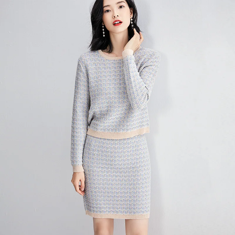 Spring New Suit Skirt Elegant Plaid Dress Women Two-piece Suit Ladies Knitted Sweater