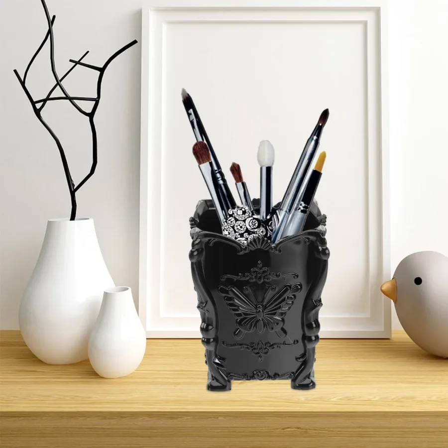 กระปุกใส่แปรงแต่งหน้าอะคริลิคสีดำ ที่เก็บแปรงเครื่องสำอางพร้อมตกแต่งรูปผีเสื้อ สำหรับเครื่องมือแต่งหน้า ดินสอ และปากกา