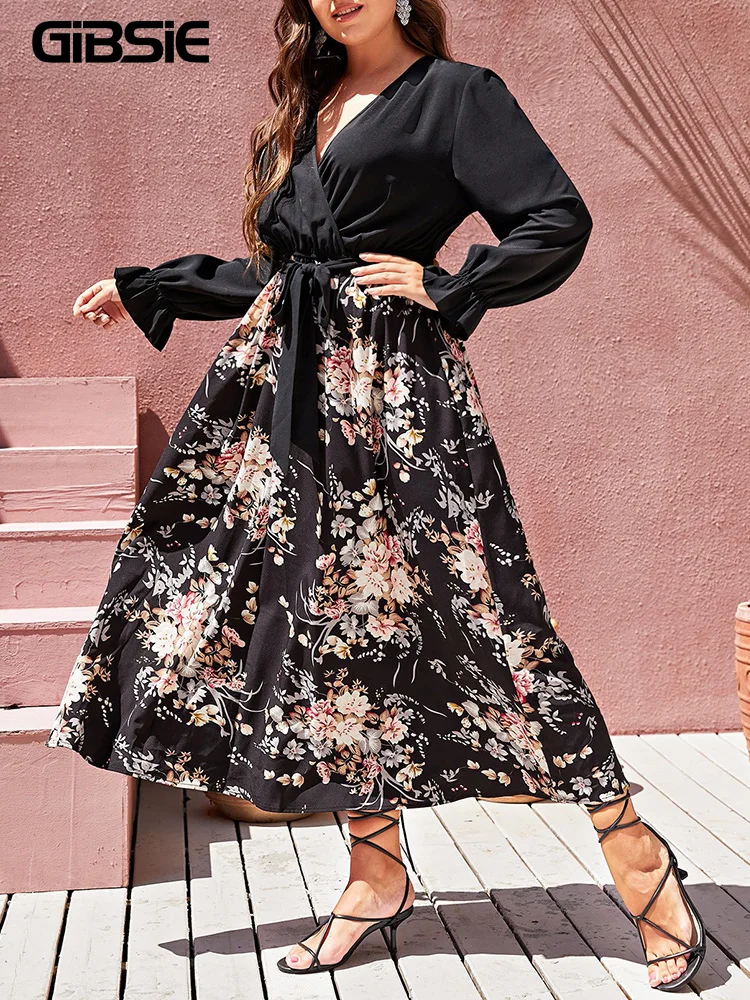 GIBSIE Plus Size Holiday Floral Print Belted Dress Women Spring and Autumn V-Neck Long Sleeve Big Swing Maxi A-Line Dresses