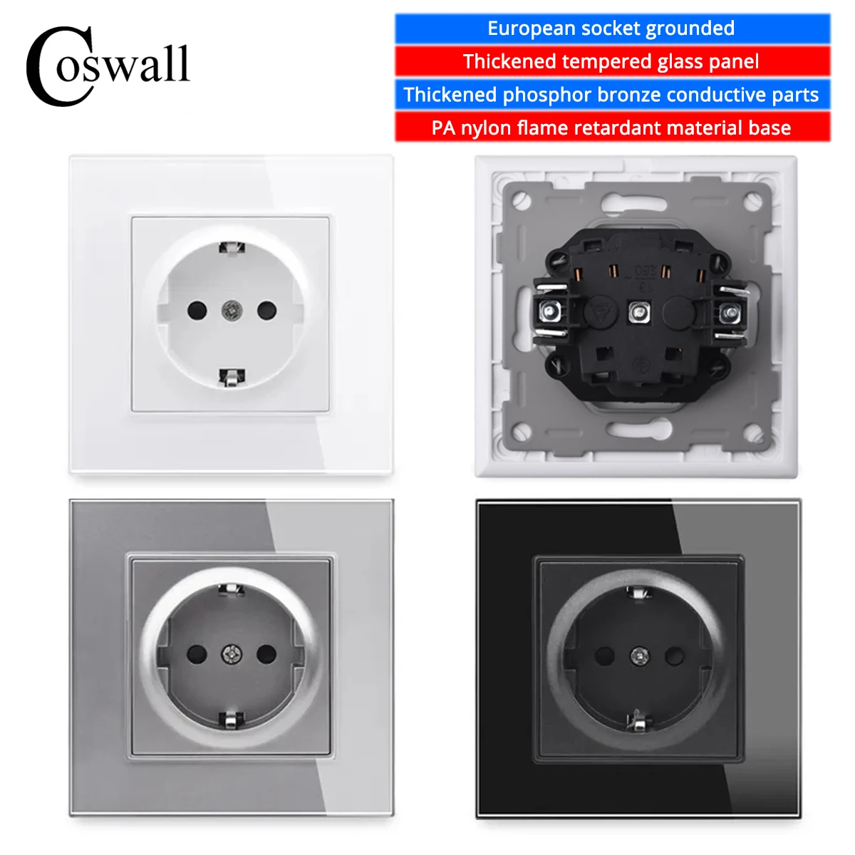 COSWALL HG Series White / Black / Grey / Gold Glass Panel EU Russia Spain Standard Wall Socket Schuko Grounded With Claws