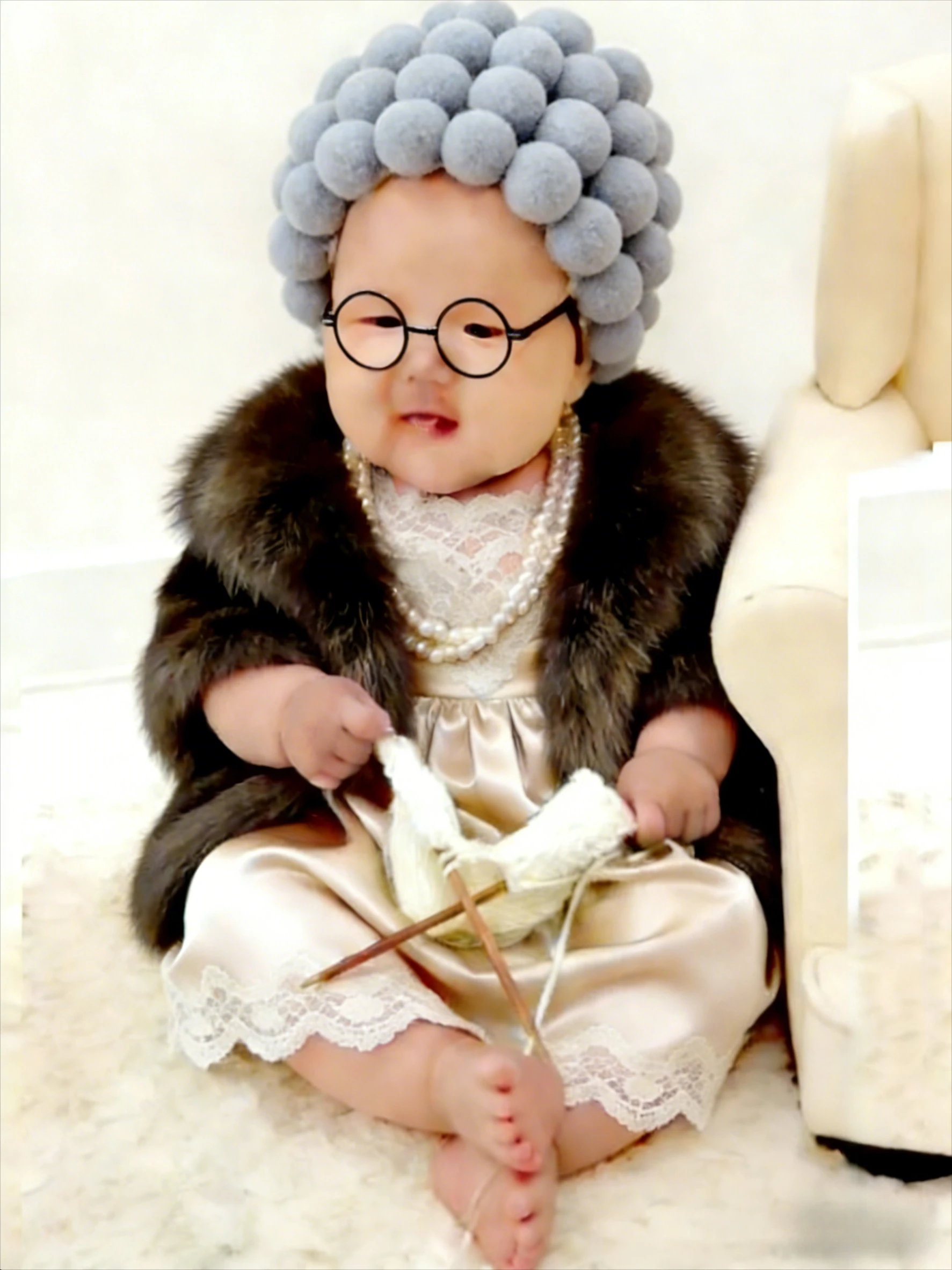 9Pcs/SET Night Vintage Granny Photo Prop Kit Complete Crochet Grandma Wig Glasses, Yarn for Newborn 100 Days Shoot Baby Dress Up