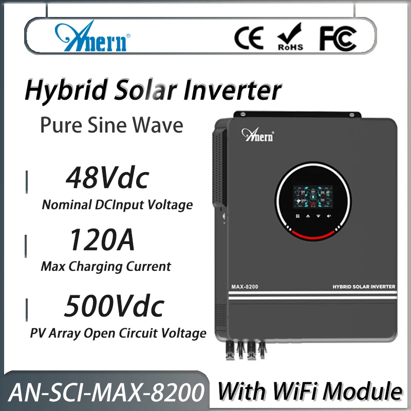 Anern 8200W 10200W 48V Solar Inverter Sine Wave Dual Input Output Built-in MPPT on Grid Off Grid 160A Solar Charger