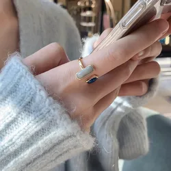 korean luxury Ring Stone Baguette Cut Europe Style Fine Jewerly For Women 2024 Brand New Gift oil drip blue ring For Women