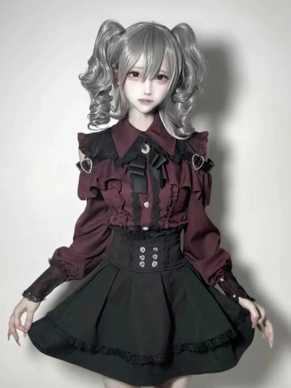 Japanisches süßes, schmales Partykleid für Damen mit Rüschen, Spitze, schicker Schleife, langen Ärmeln, Kawaii-Stil, leichtes, trendiges Damen-Design