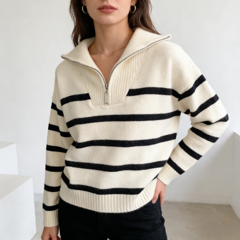 

2025 Fashion Stripe Loose Sweater Atumn Casual Zipper Turndown Collar Long Sleeve Pullover Top Elegant Soft Women's Knitwear
