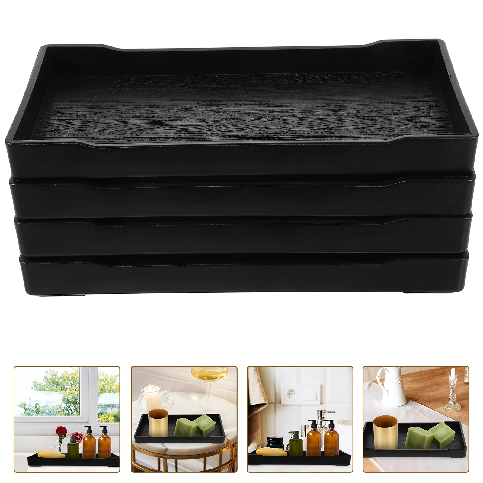 

4pcs Black Bathroom Storage Tray Rectangular Vanity Counter Plate Hotel Supply Towel Holder Daily Use Toiletries Multi-function