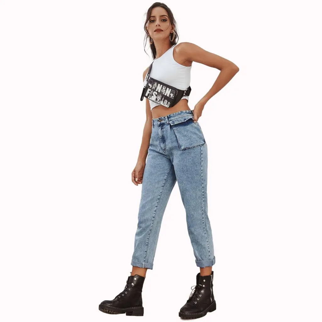 

Joker Women's High Waist Workwear Denim Pants in Stock with Pockets Fashionable European And American Style