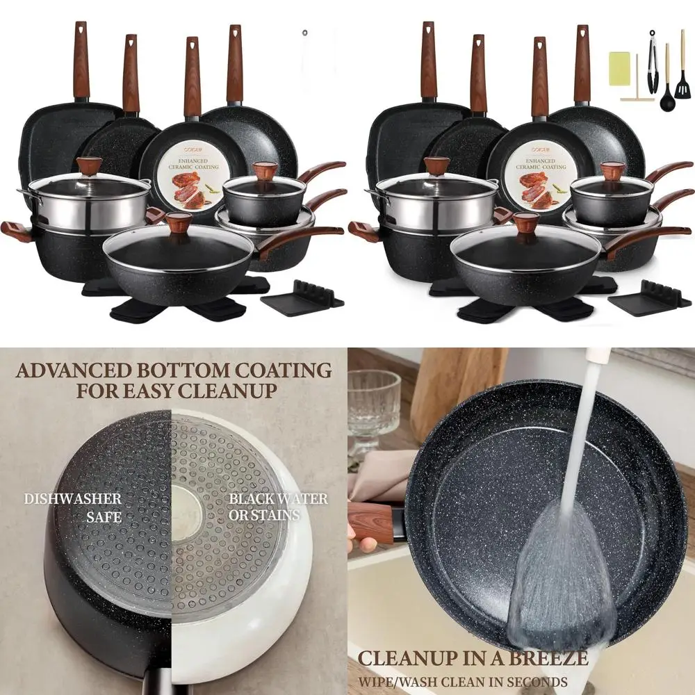 

26-Piece Nonstick Ceramic Cookware Set with Steamers, Utensils, Induction-Ready, PFAS/PFOA-Free, Oven & Dishwasher Safe, Black