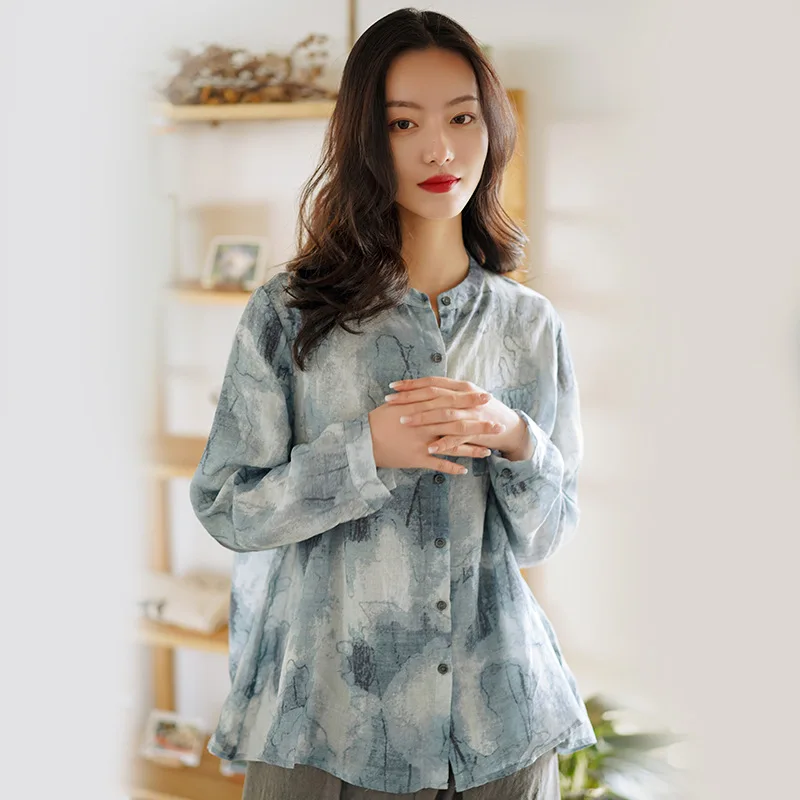 2024 Nieuwe Collectie Lente Herfst Vrouwen Loose Fit Casual O-hals Lange Mouw Blouse Vintage Print Linnen Single Breasted Shirts Y14