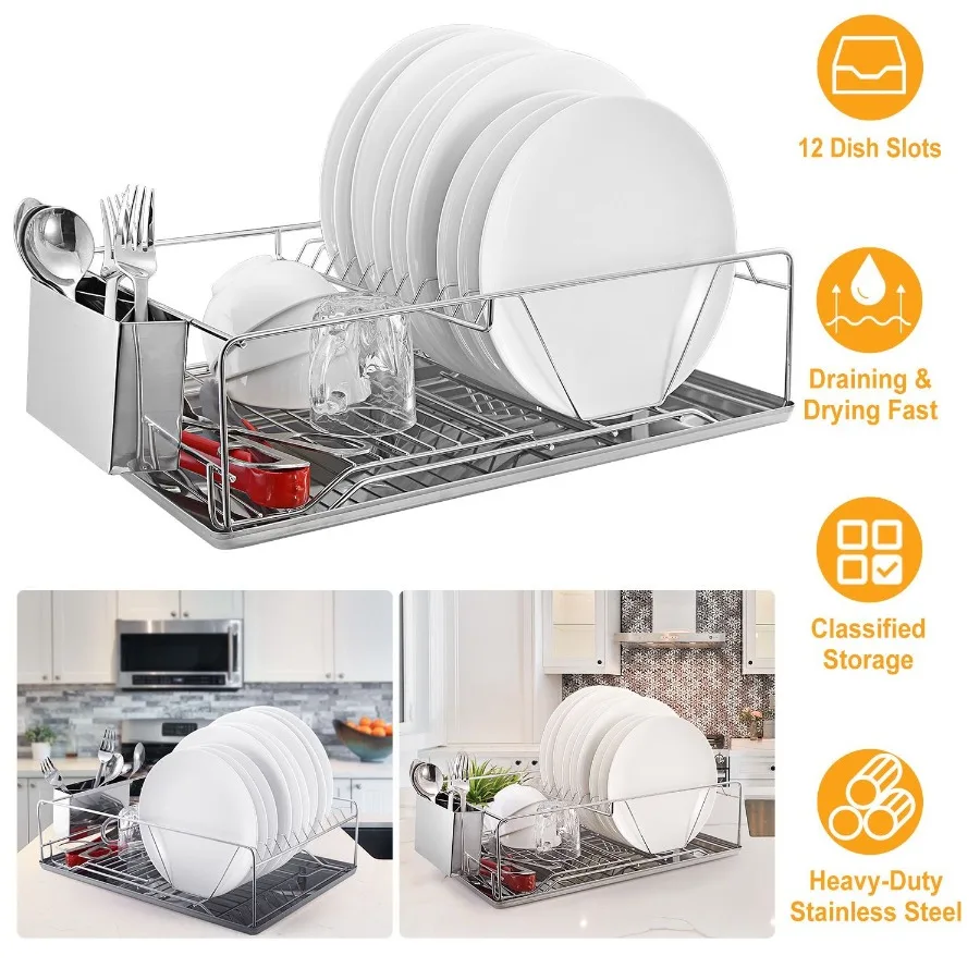 

Dish Drying Rack Stainless Steel Dish Rack w Drainboard Cutlery Holder Kitchen Dish Organizer