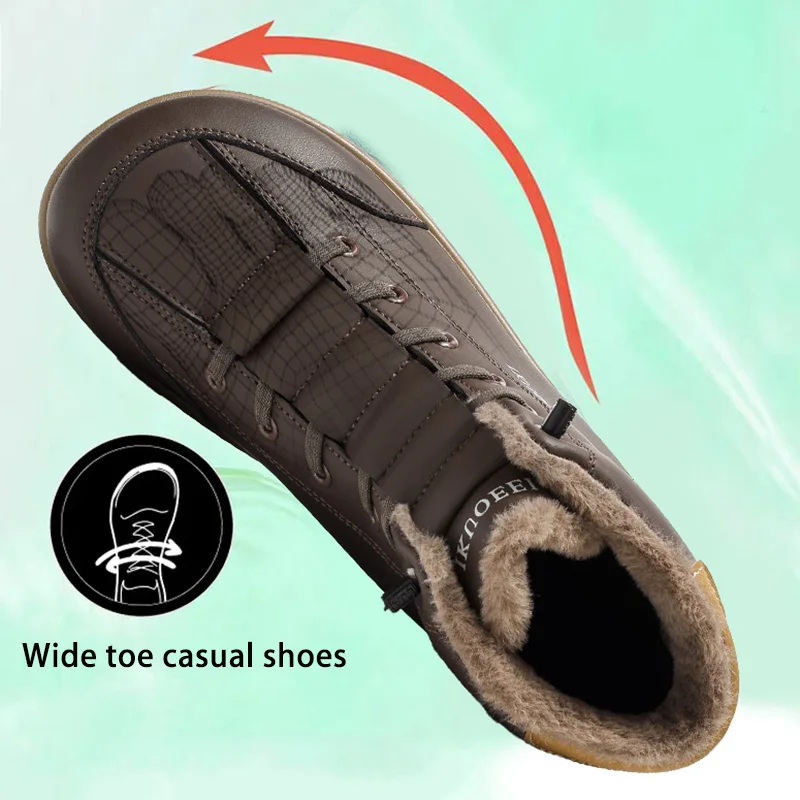 Winter Wide Toe Barefoot Cotton Shoes Mens High-Top Fleece Lined Cotton Boot Thick Warm Casual Shoe Wide Toe Ankle Boot Non-Slip