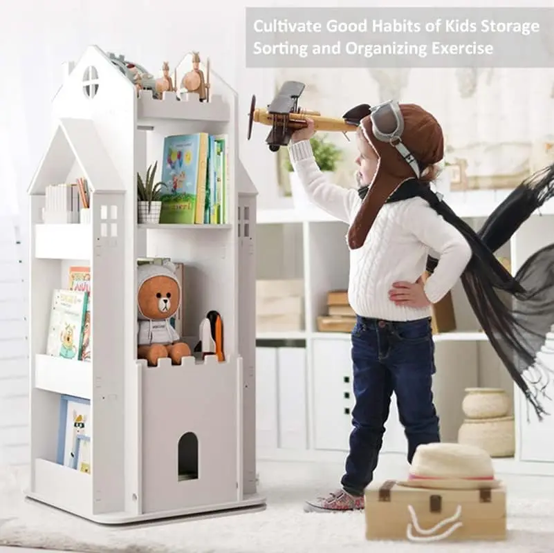 Castle White Rotating Bookshelf Toy Storage Organizer Rack Revolving Corner Bookshelf for Kids Toddler Children Home Office Furn