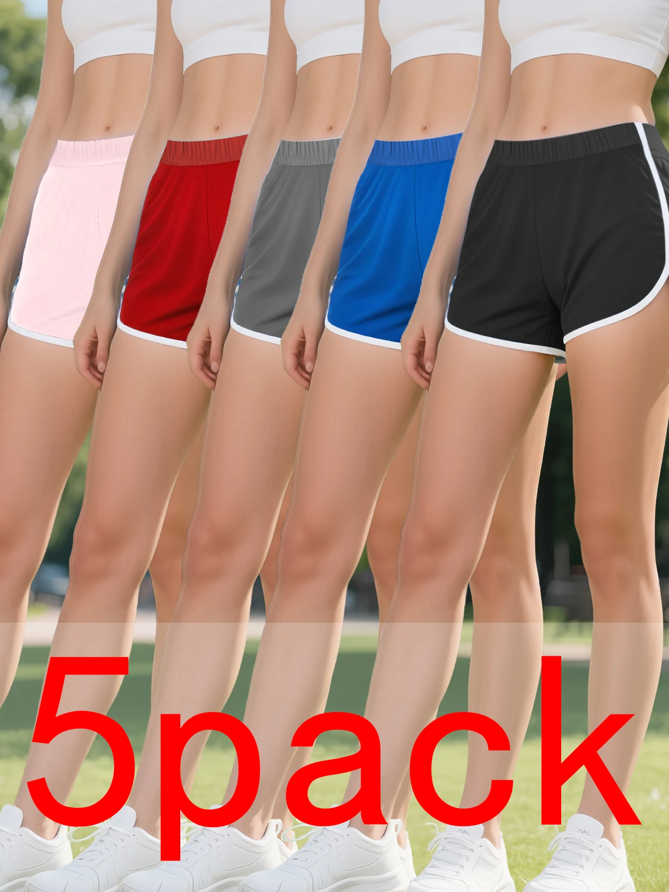 【レディースショーツ5枚パック】ホワイトトリム付きマルチカラーアスレチックショーツ、ヨガ、ランニング、日常着に最適