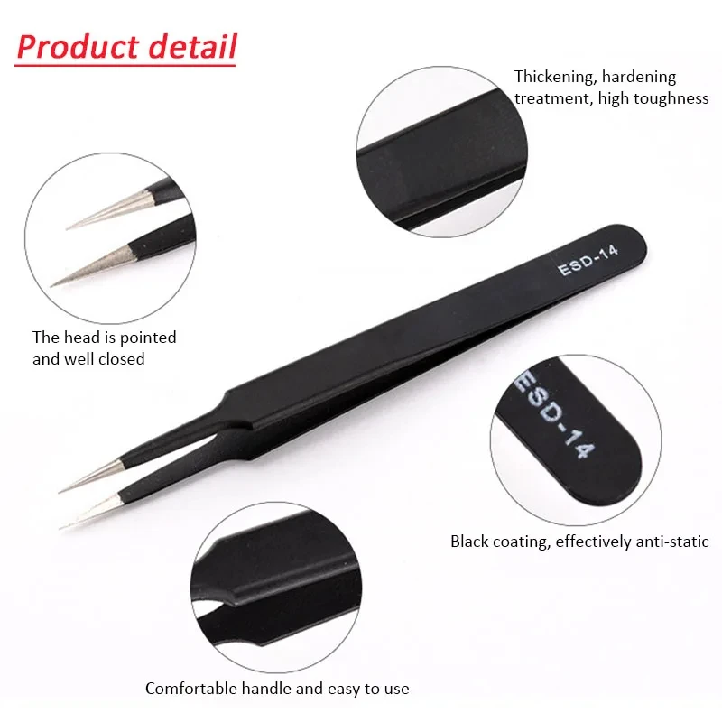 9-10pcs/Set Anti-static ESD Stainless Steel Tweezers Maintenance Tools Industrial Precision Curved Straight Tweezers Repair Tool