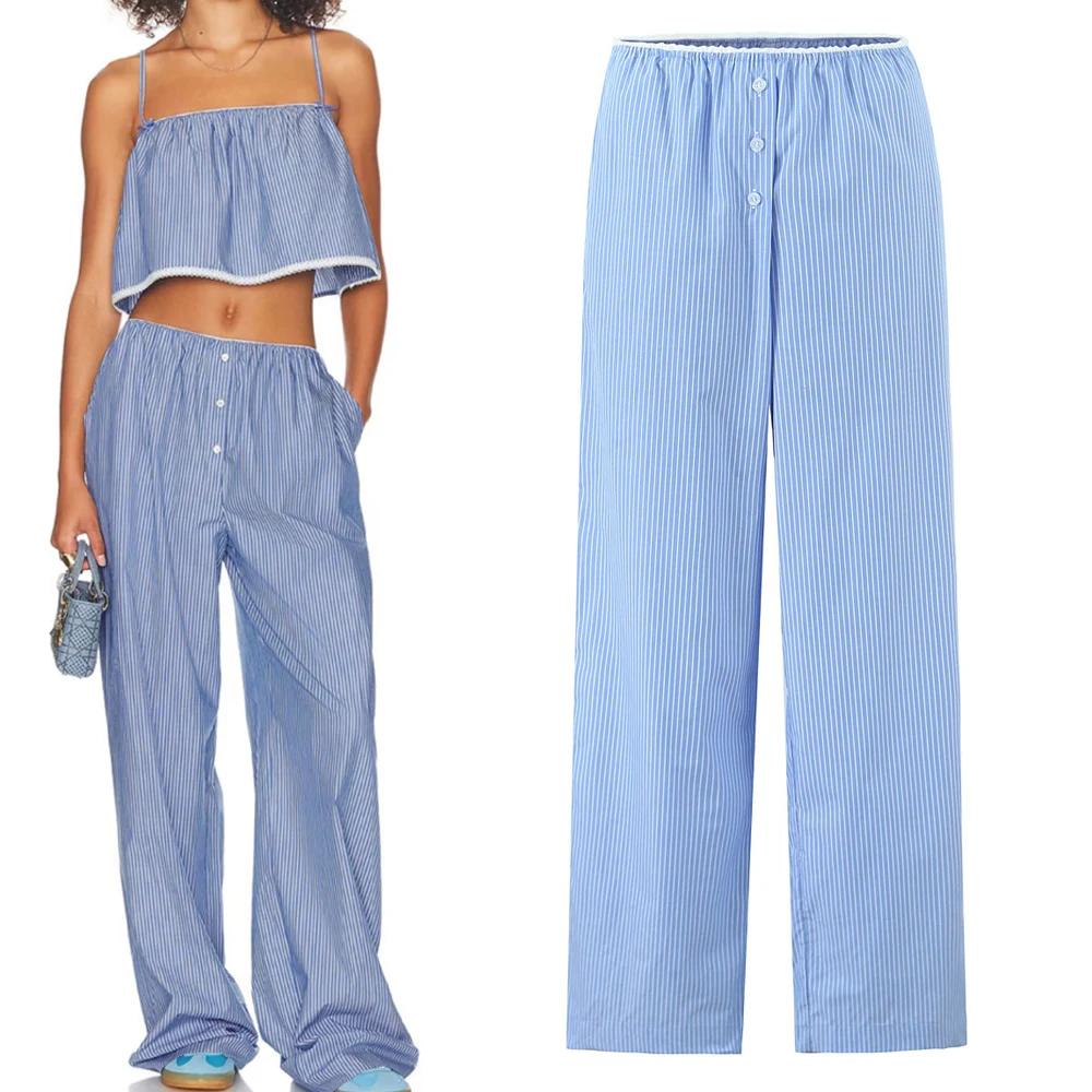 

Fashionable Striped Straight Leg Pants Women's Versatile H1908 High Waist Long Pants Commute Style Simple Element Casual Pants