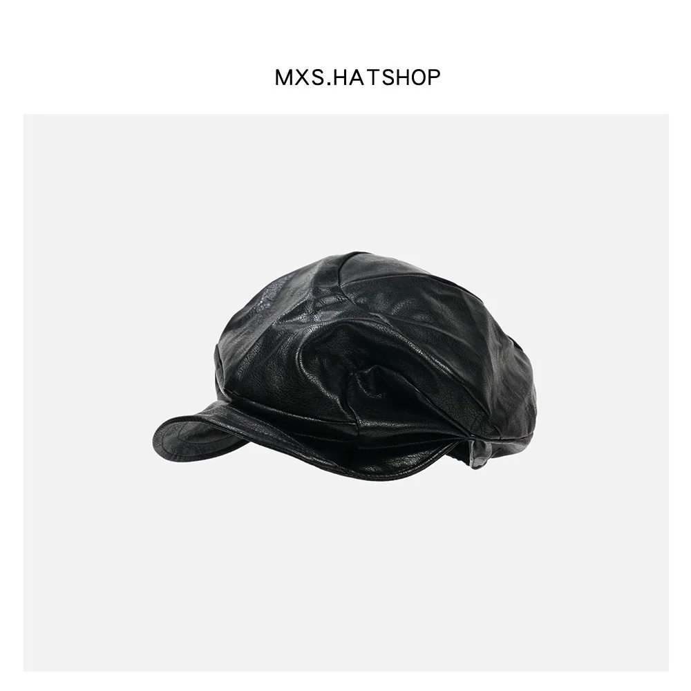 

Street Style PU Leather Beret Hat Women's Fashion Irregular Pleated Octagonal Cap Retro Newsboy Hat Short Brim round Top