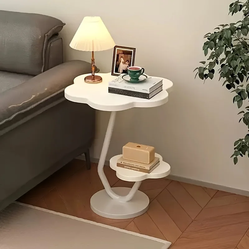 A Cute, Flower-patterned Two-tier Side Table—a Cream-colored Coffee Table for The Living Room, A Sofa Side Table, Side Table