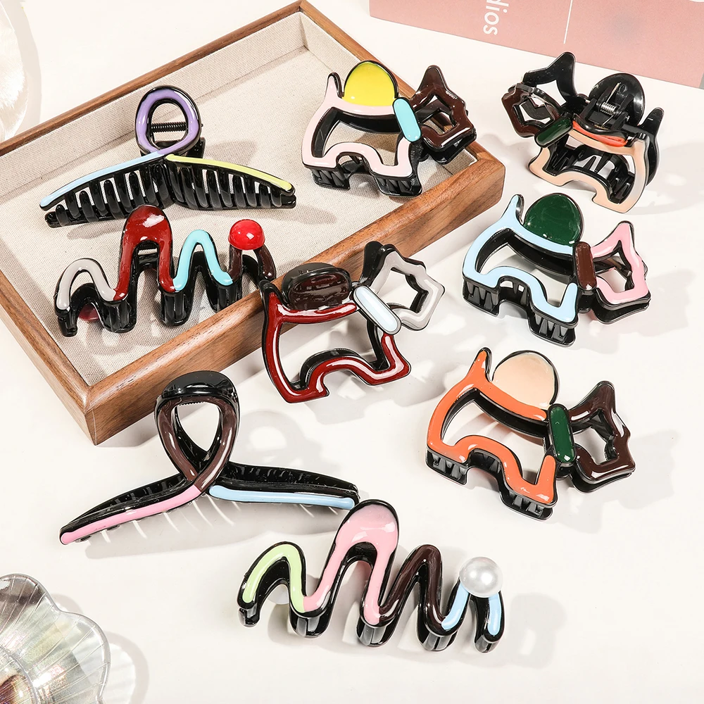 

Drip Oil Mixed Color Small Dog Hair Clip Girl Back of The Head Shark Clip Temperament Hair Accessory Wave Pearl Hair Claws