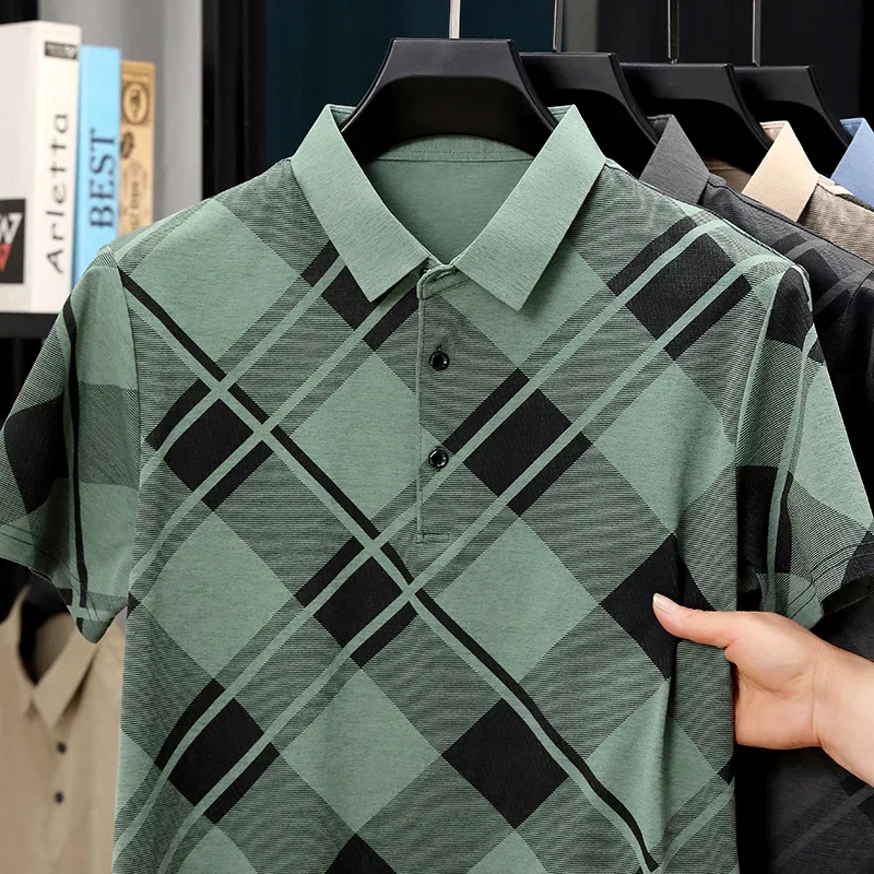 Mens Casual Large Diagonal Grid Check Collar Polo Tops Wide Contrast Plaid Free Soft Breathable Short Sleeve Shirts For Men