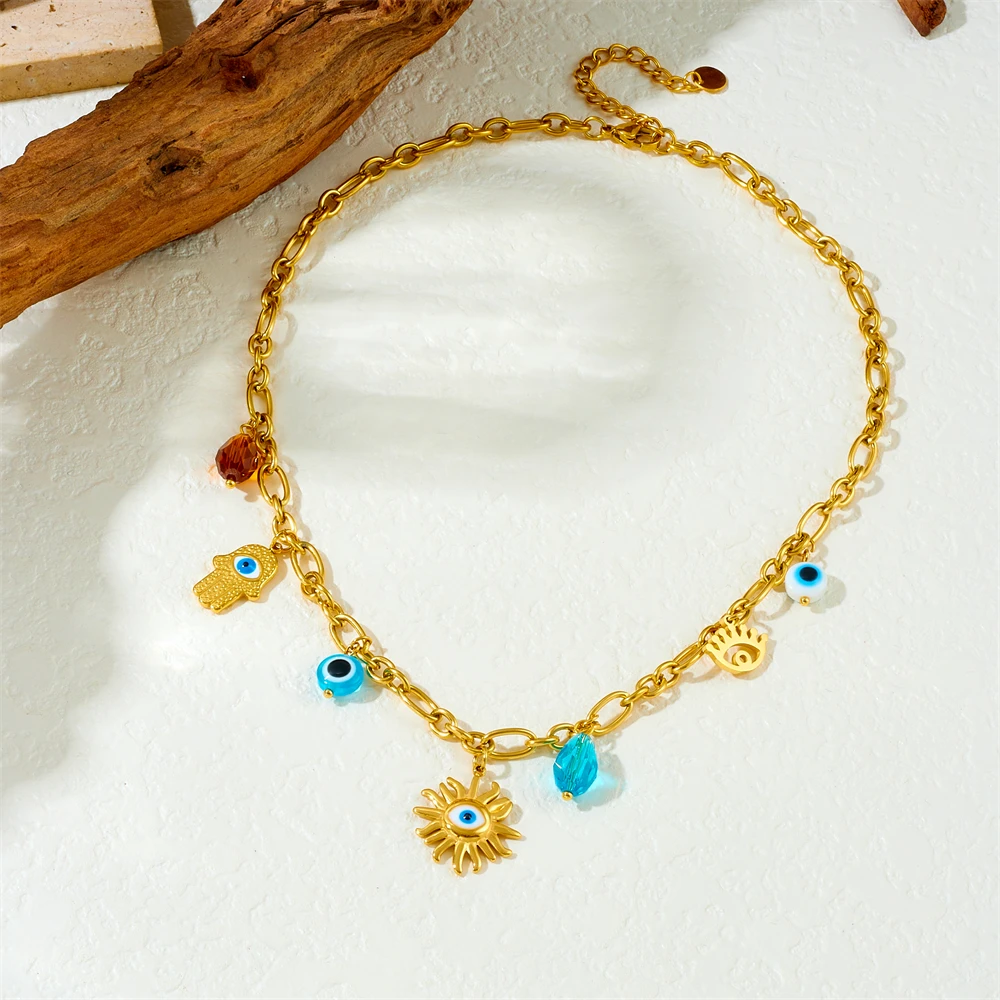 DIEYURO 316L Naszyjnik ze stali nierdzewnej Palm Blue Rhinestone Devil's Eye Sun Naszyjnik dla kobiet Nowa moda Łańcuch na szyję Biżuteria Prezent