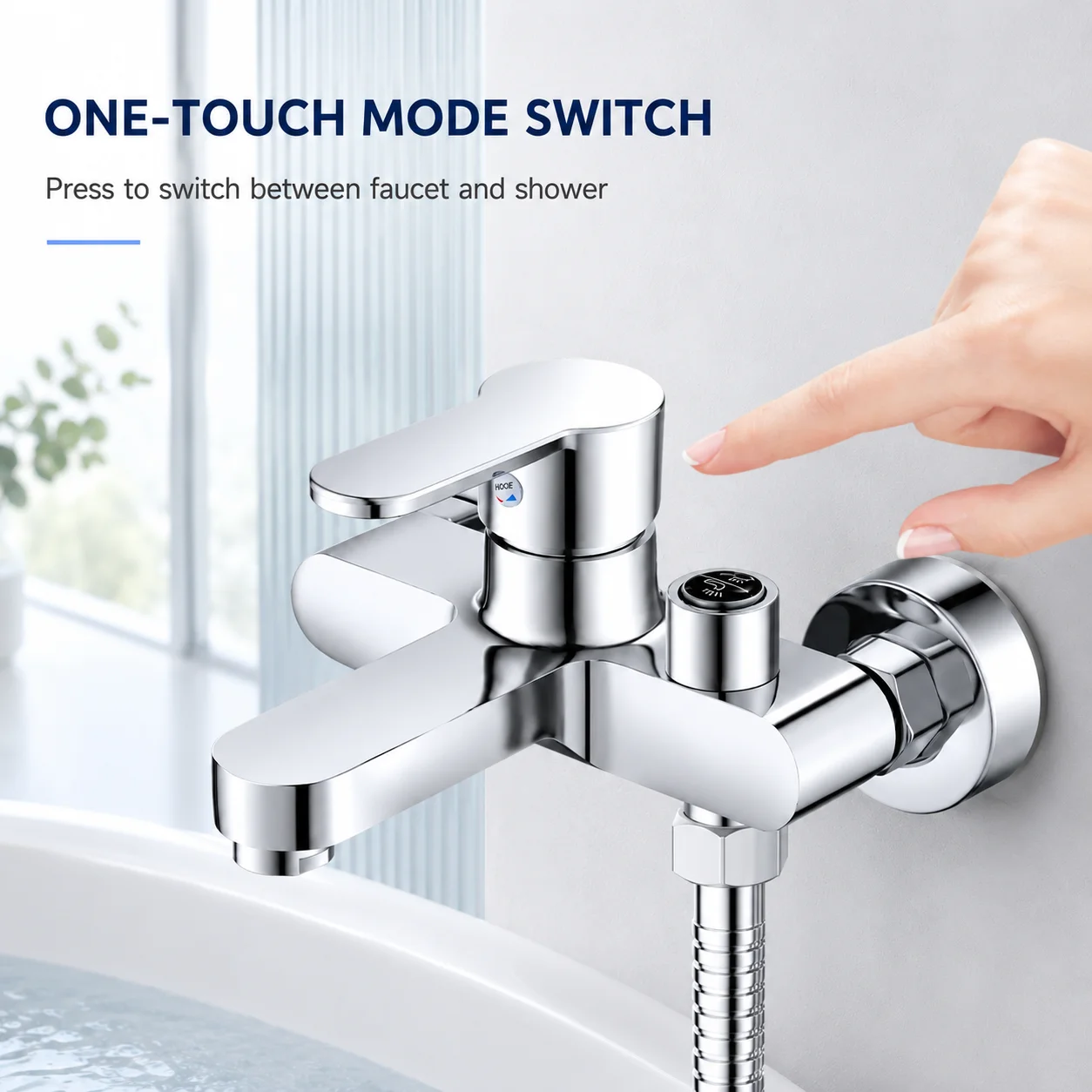 Chrome Wall Mounted Bathtub Faucet, Hot Cold Water Mixer Tap with Push Button Diverter, Dual Outlet Bathroom Tub Shower Fixture