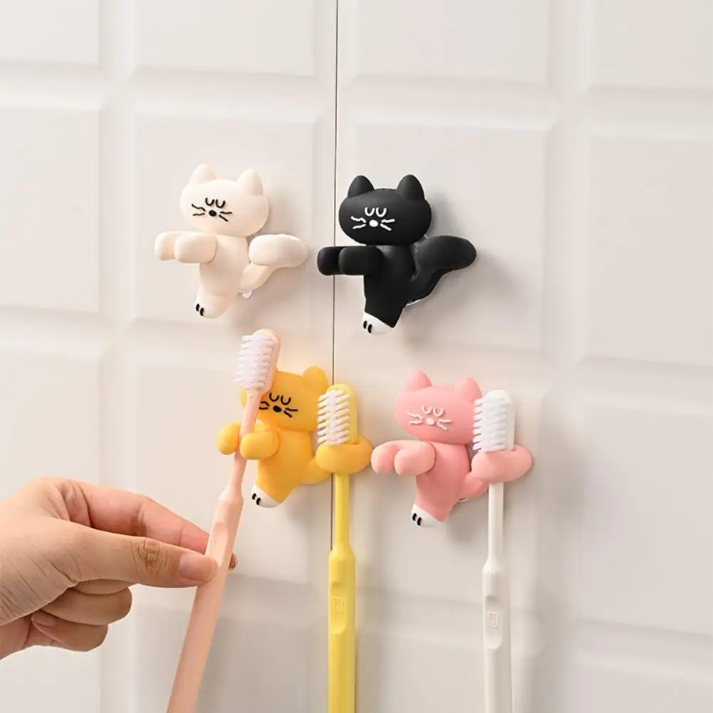 Silicone Toothbrush Holder Cute Cat Wall Mounted Suction Cup Organizer Punch-Free Bathroom Storage Rack