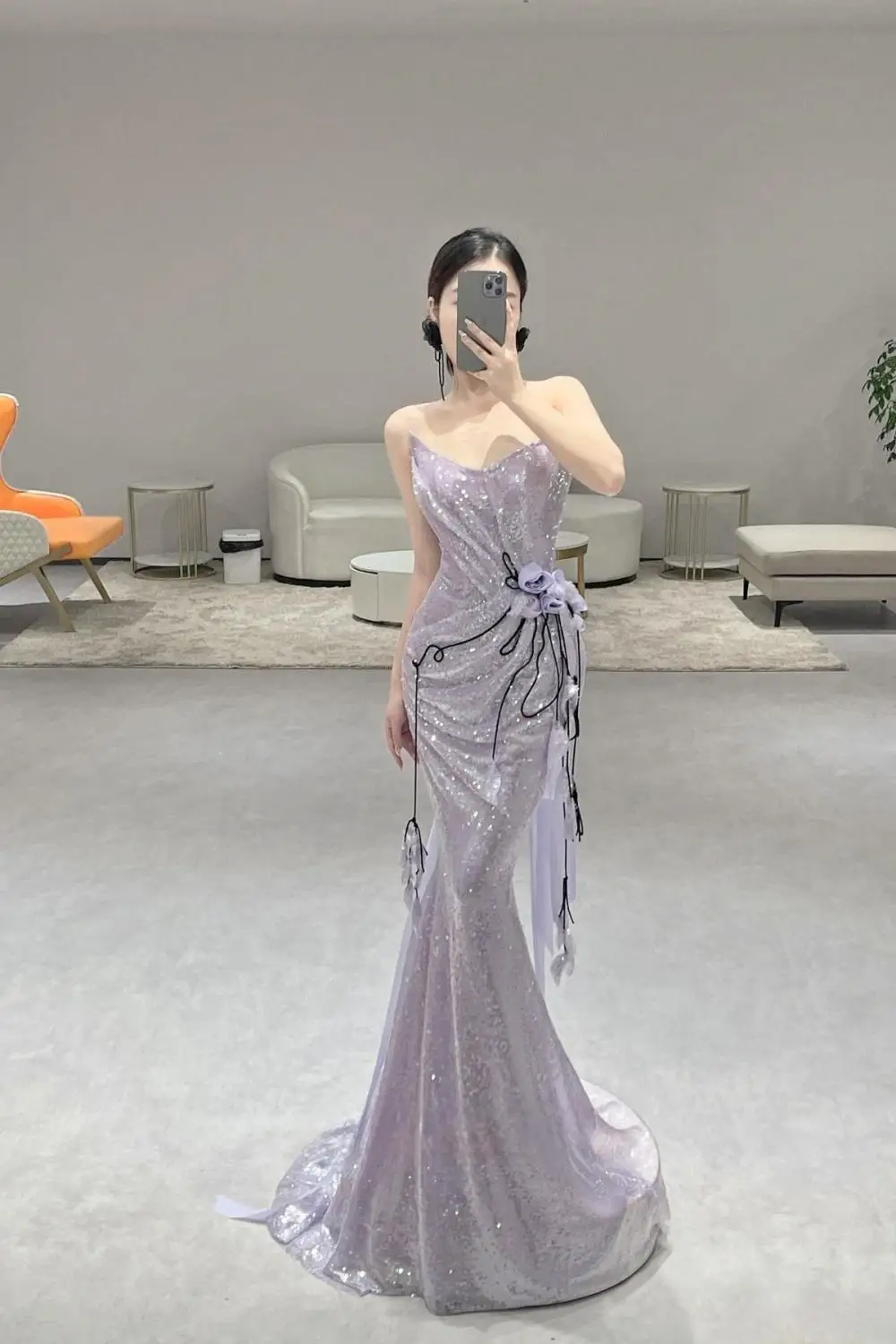 New Mermaid Evening Dresses Purple Strapless Sleeveless Lace-up Back 3D Flowers Pleated Sequin Party Gowns Long Evening Dress