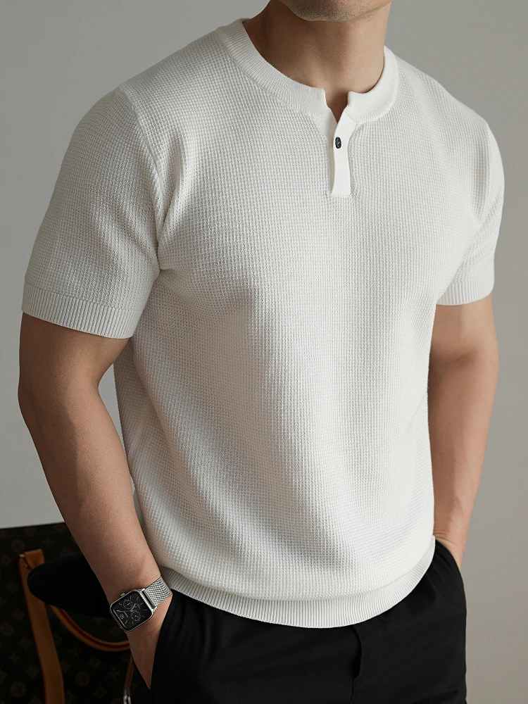 

Ice Silk Cotton Cool Feeling Knitted Short Sleeve T-Shirt Single Button Pineapple Texture Business Casual Men's Wear