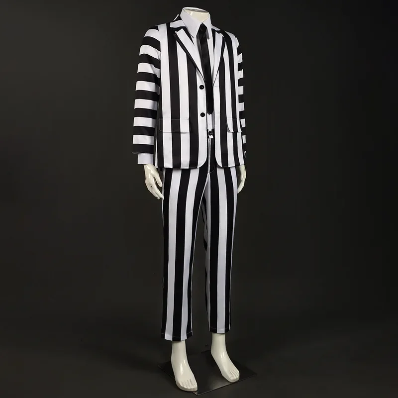 EE01 Косплей-костюм Underworld Master Beetle Juice Michael Keaton, черно-белый полосатый костюм, карнавальный костюм на ХэллоуинIo0!