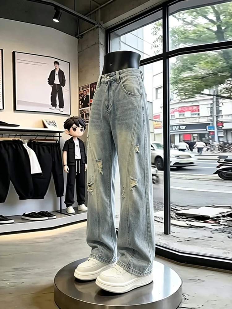 

American Style Ice Blue Slant Cut Hole Jeans Men Summer High Street Vibe Slimming Pants Rise Straight Micro Flared Pants