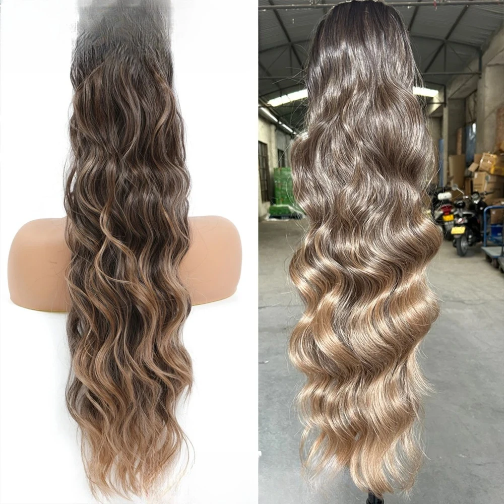 

27/30 Ponytail Extension 180grams Synthetic Heat Resistant Fiber Ombre 613 Brown Water Body Wave Clip in