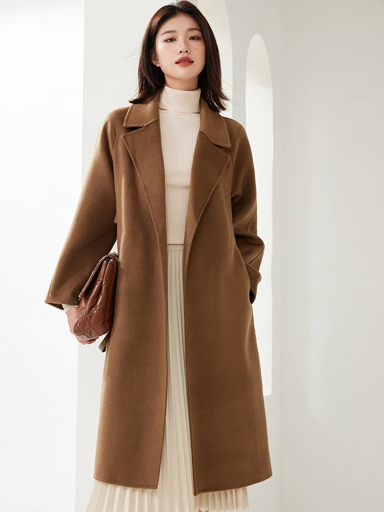 

New Buckle-Free Long Women's Coat 10% Cashmere Double-Sided Woolen Coat Belt Waist-Tied 90% Wool Top Fall Winter Fashion