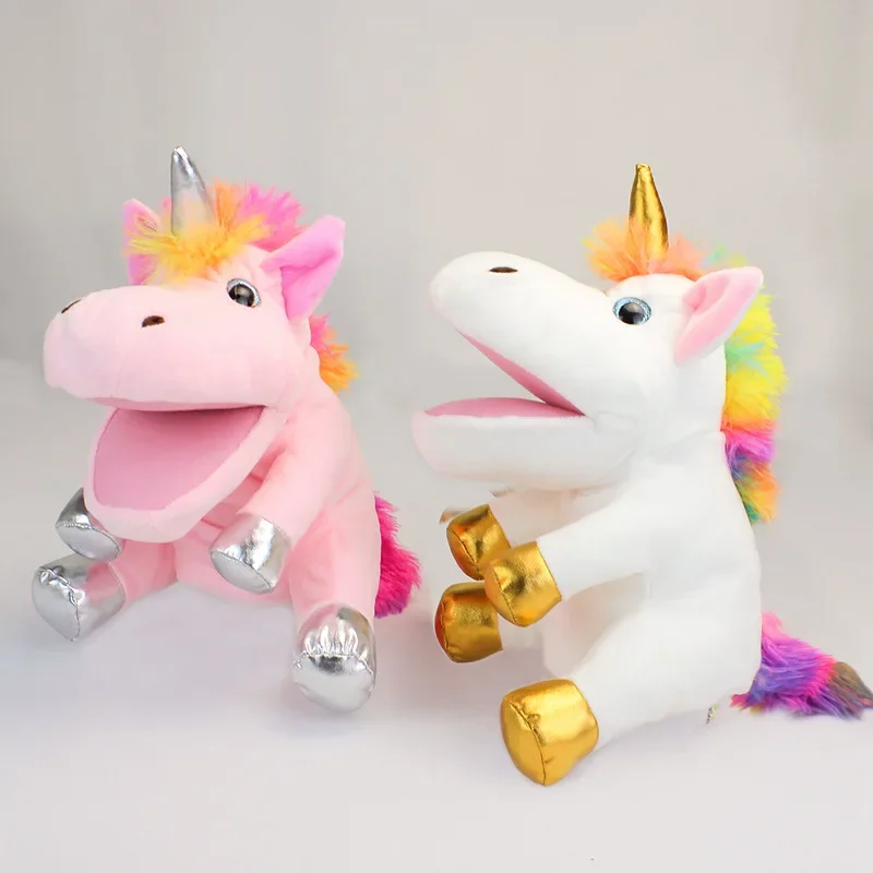 Plush toy with mouth opening unicorn, hand puppet, doll, cloth doll, performance prop Performing a play