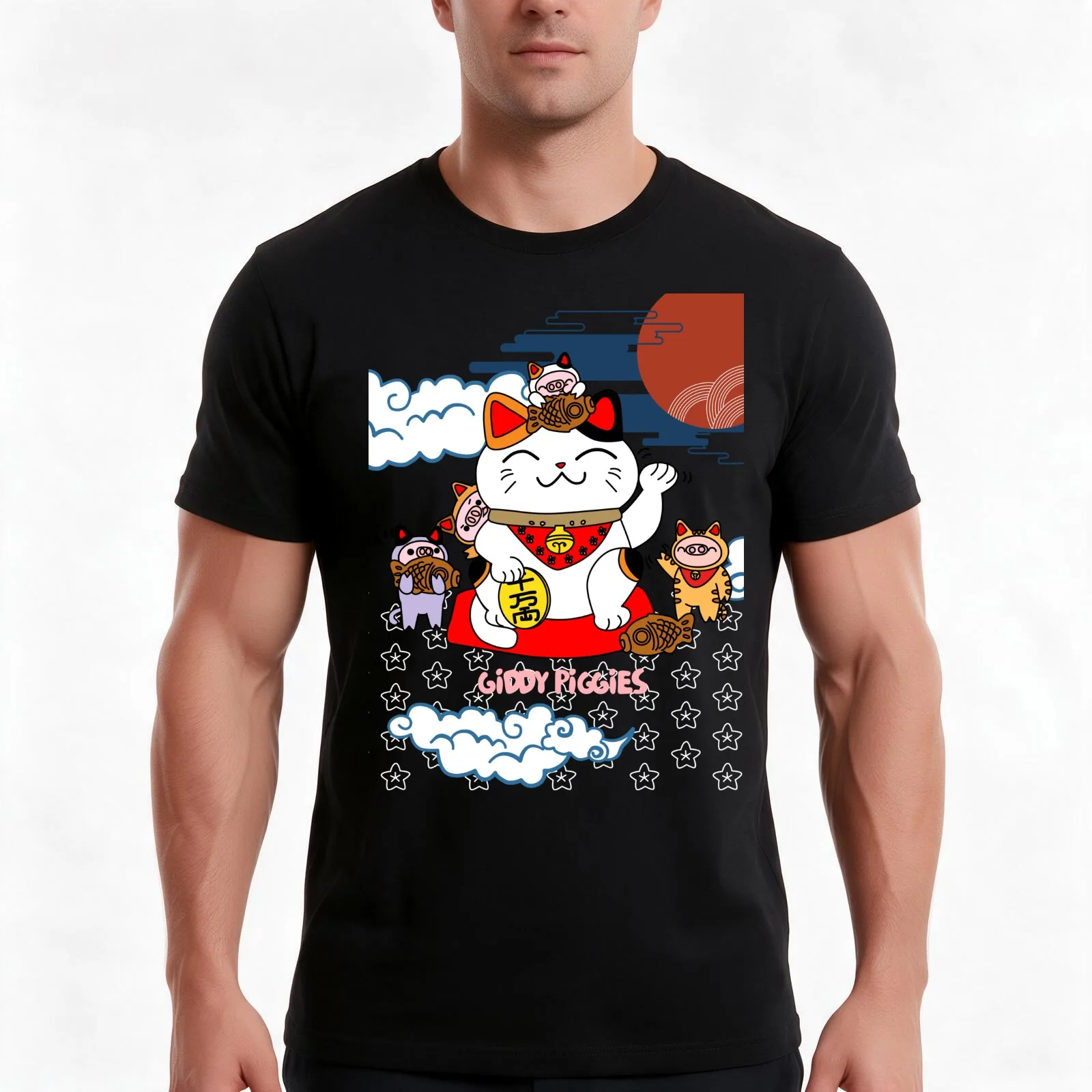 Giddy Piggies With Lucky Cat T-Shirt, Summer Casual Cotton Tee, Oversized Streetwear Tops, Vintage Graphic Print, 100% Cotton