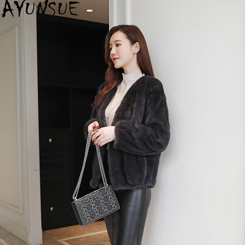 AYUNSUE Natuurlijke Nertsen Bont Jas Vrouw Mode V-hals Luxe Hele Nertsen Bont Jassen voor Vrouw Kleding Hoge Kwaliteit Abrigo Mujer
