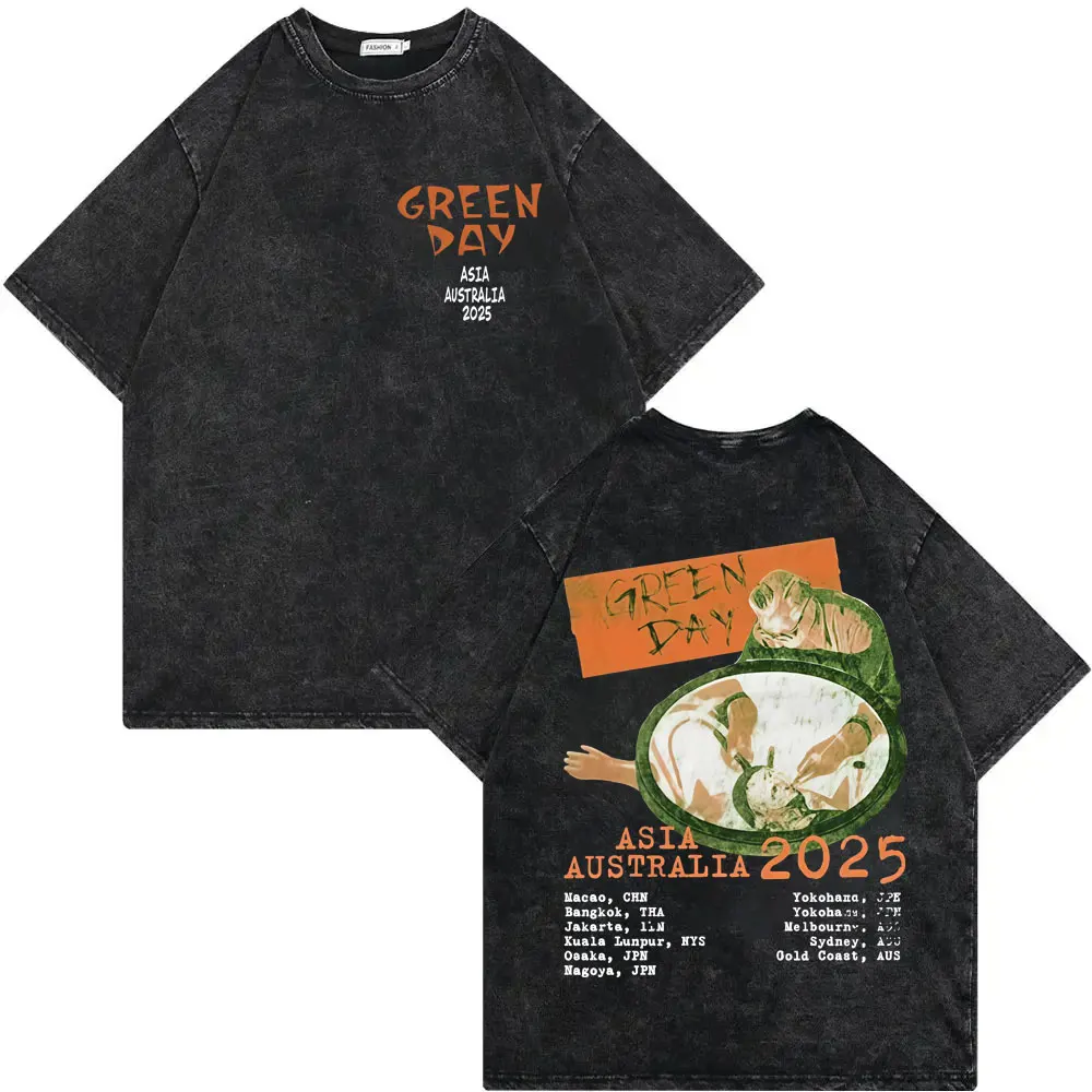 

Rock Band Green Day Tour 2025 Vintage Washed T-shirts High Street Fashion Trend T-shirt Men Women Casual Short Sleeve T Shirts