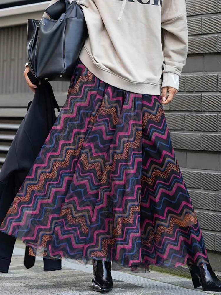 Holiday All Match Patchwork Maxi Skirts, Women Spring Summer Printing Fashion Skirts, Simple Gauze Chic Ladies Skirts Streetwear