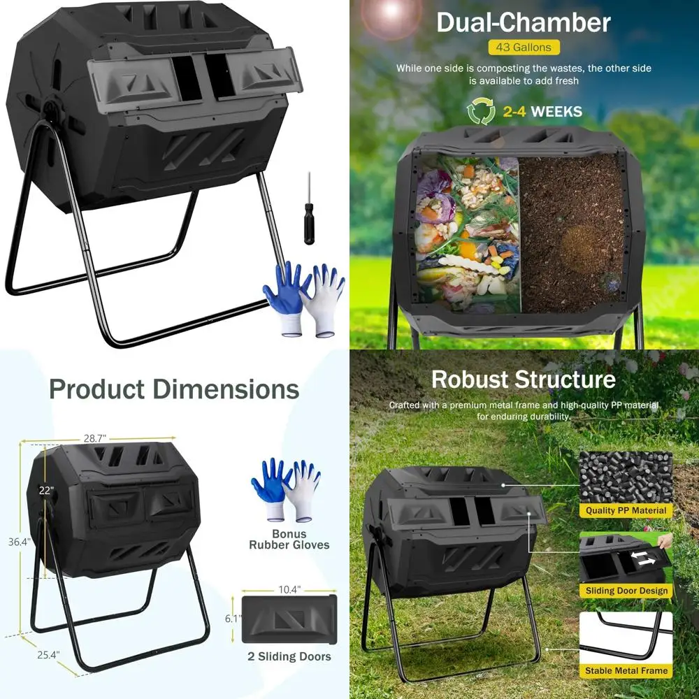 

43 Gallon Dual Chamber Outdoor Compost Bin with 360° Rotating Tumbler and Sliding Doors