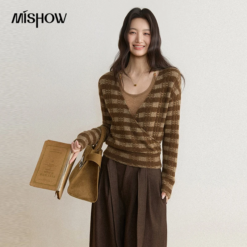 Ensembles deux pièces pour femmes MISHOW, cardigan en maille à rayures et blocs de couleurs coréens, camisole, tenues décontractées d'automne 2026, style décontracté pour le quotidien MXF47T3324