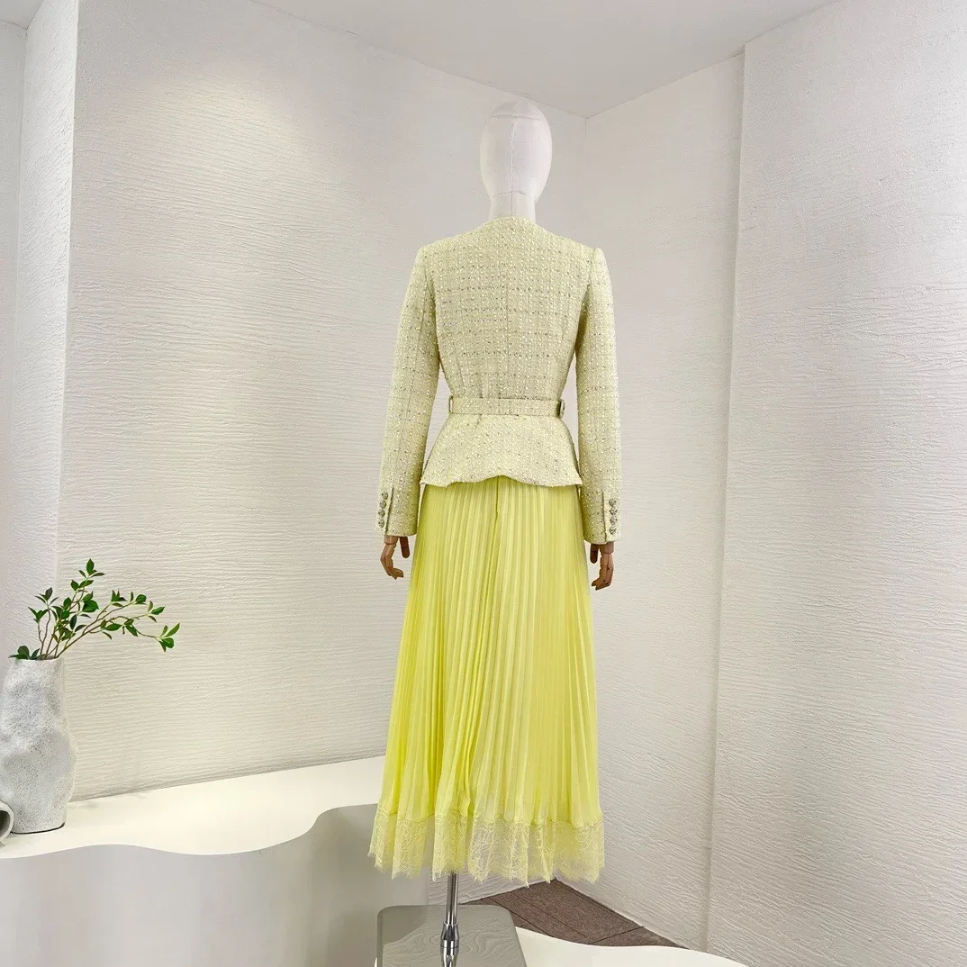 Newest Long Sleeve Jacket Pockets Belted and Pleats Yellow Skirt Matching Set 2024 New High Quality Women Suit