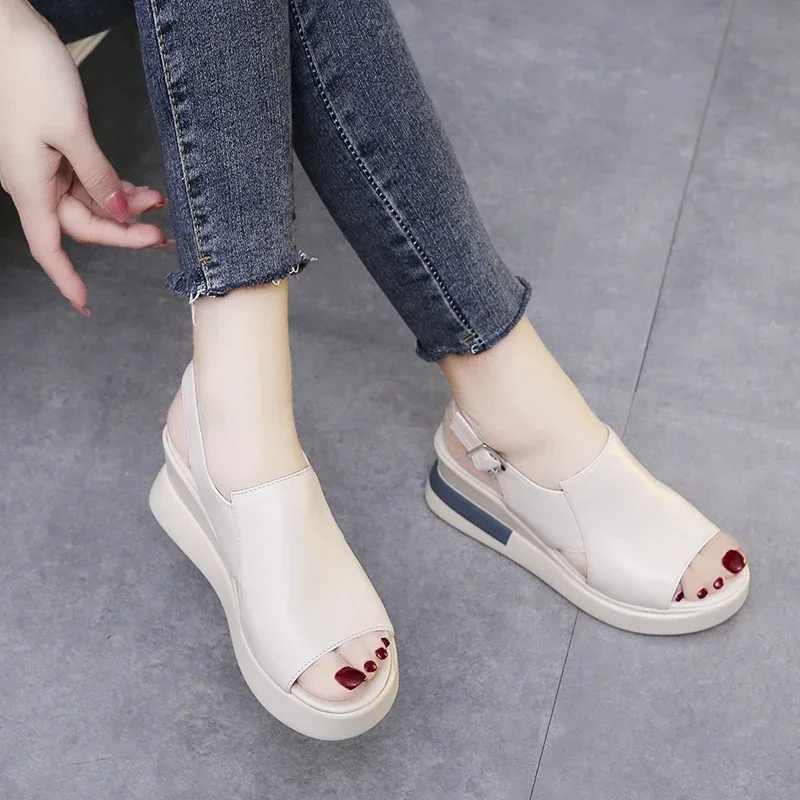 Summer Wedge Shoes for Women Sandals Solid Color Open Toe High Heels Sandals Casual Ladies Buckle Strap Fashion Female Sandals