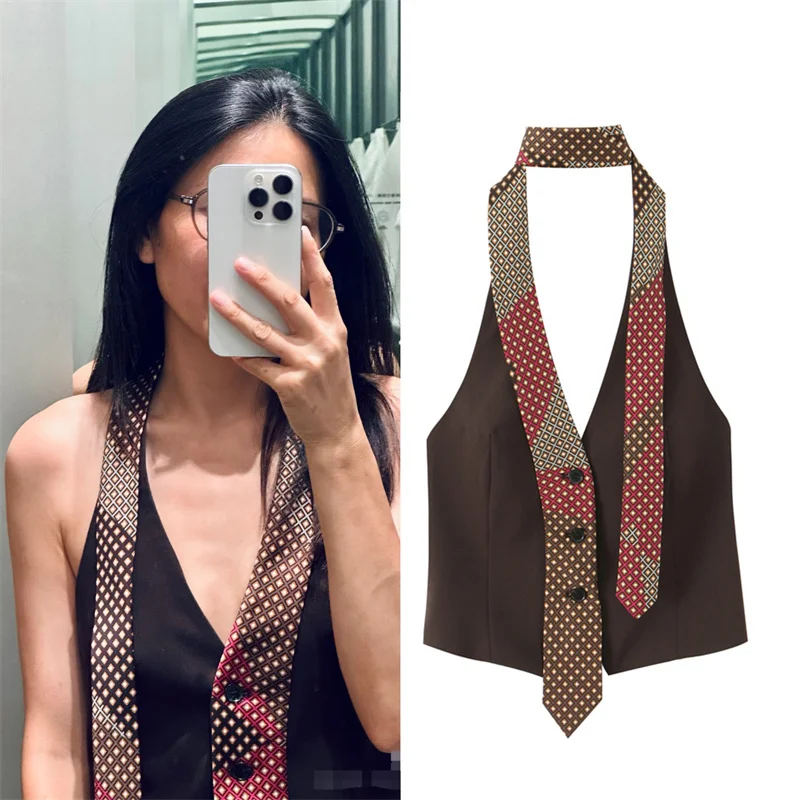 Women's Top 2026 Spring New Style Dark Brown Sleeveless Halter Neck with Tie Decoration Vest Sexy Fashion Unique and Versatile