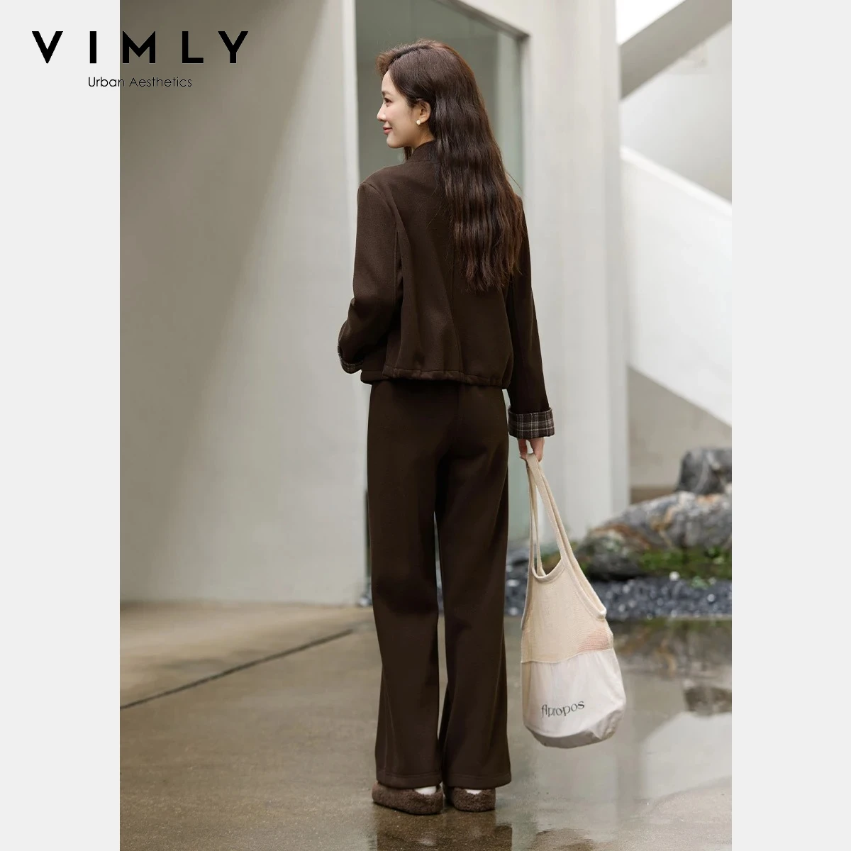 VIMLY femmes marron deux pièces ensemble hiver 2025 épissé Plaid col montant fermeture éclair hauts pantalons à jambes larges décontracté dame pantalons ensembles A3097