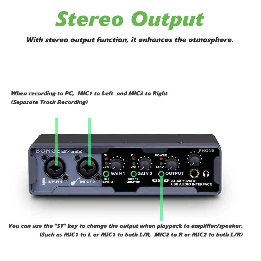 BOMGE USB Audio Interface mixer 24 bit/192 kHz with XLR Phantom Power Direct Monitoring Loopback for PC Recording Streaming