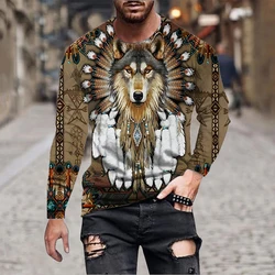 Vintage Wolf Totem 3D Print T-Shirts Men's Indian Long Sleeve T Shirt Casual Streetwear Pullover Harajuku Tops Kid Tees Clothing