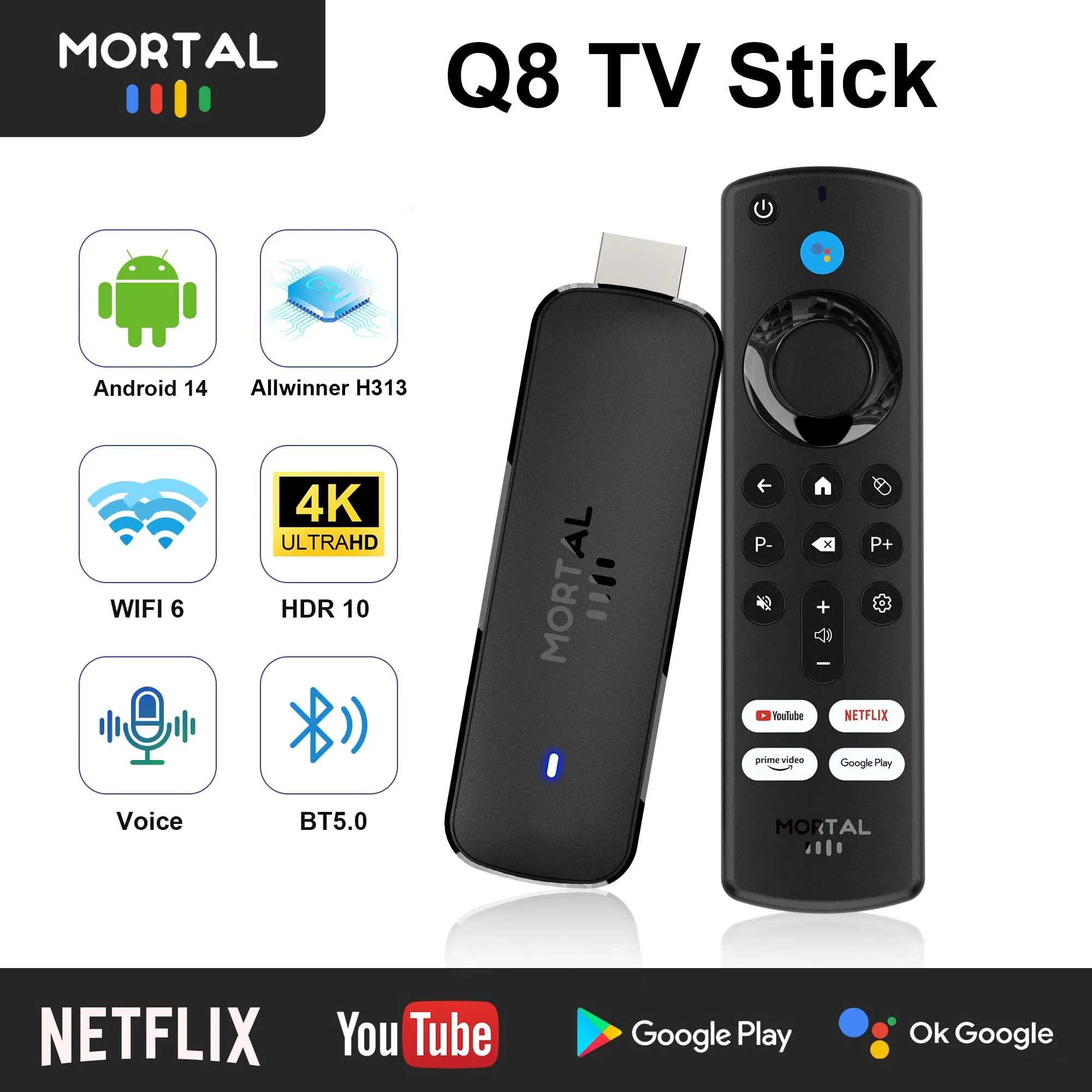 Mortal Q8 ATV TV Stick Android 14 WIFI6 4K Allwinner H313 Quad-core Cortex A53 CPU BT5.0 Comando de voz Multi-language Smart TV Box