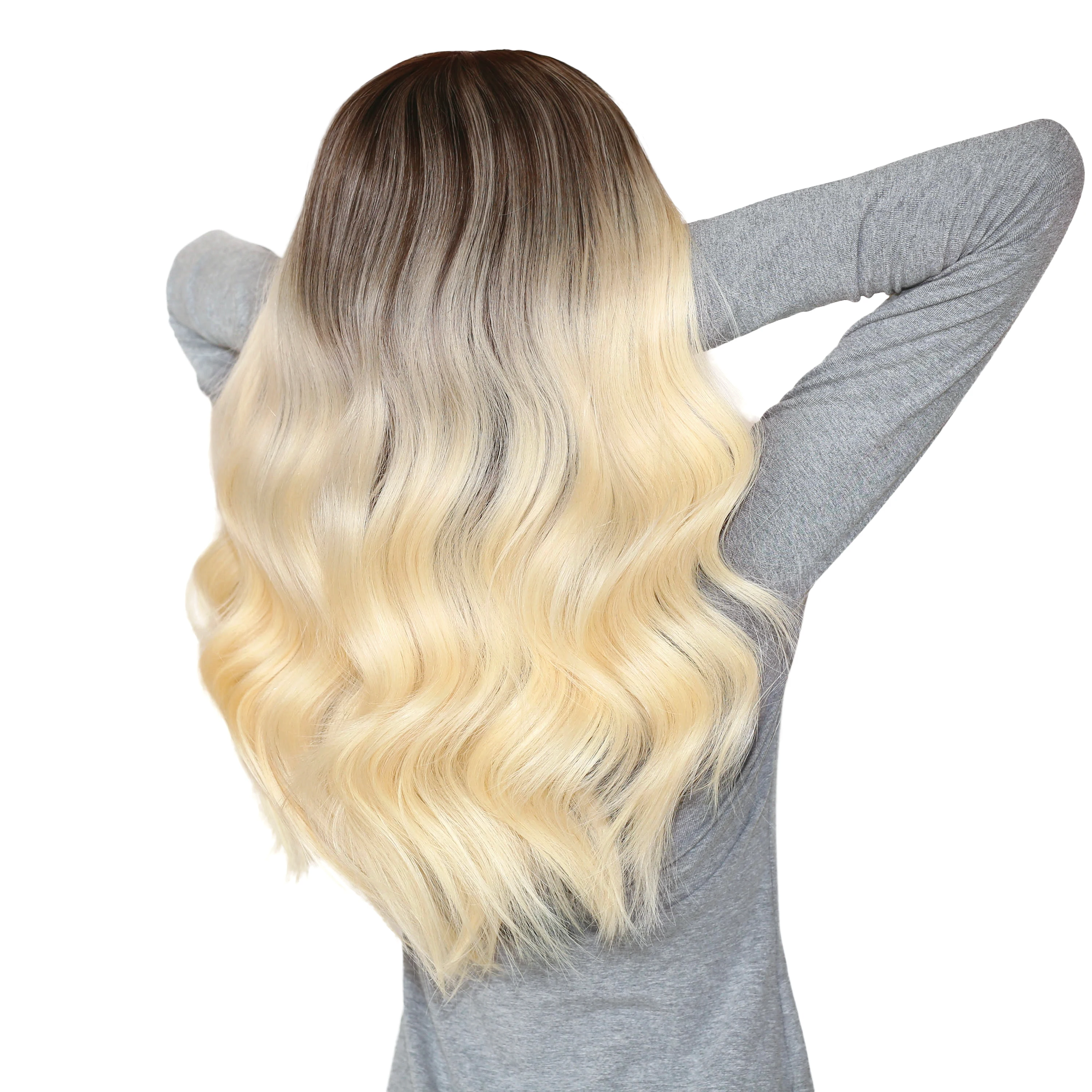 Wavy Lace Front & Top Wig Golden Blonde with Brunette Hand Painted Glueless Human Hair Balayage Ombre Wig