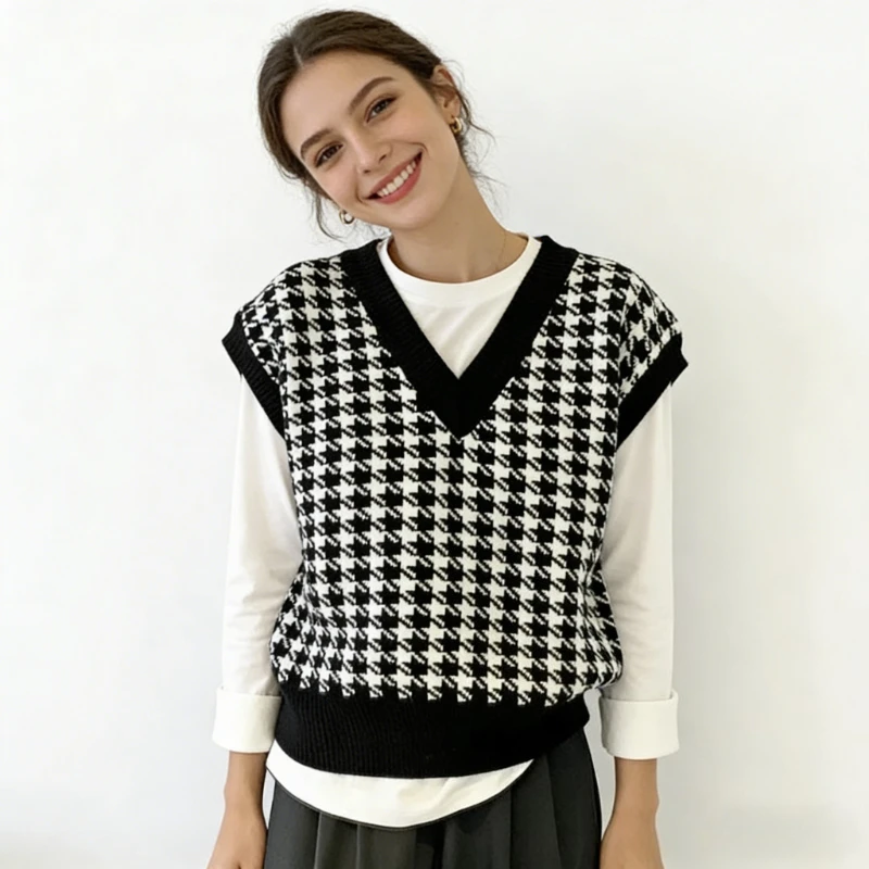 

Autumn and Winter Women's V-neck Sleeveless Checked Sweater Vest Fashion New Black and White Checked Loose Vest Knitted Top