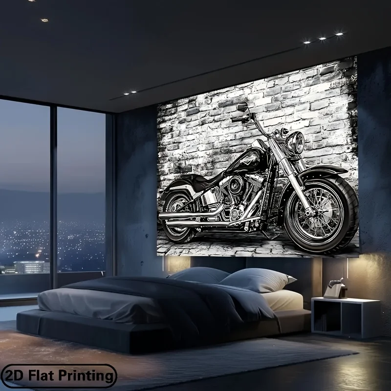 Black and White Motorcycle Wall Tapestry Art Poster Print Biker Chopper Cruiser Decor Canvas Home Decoration Polyester Hanging